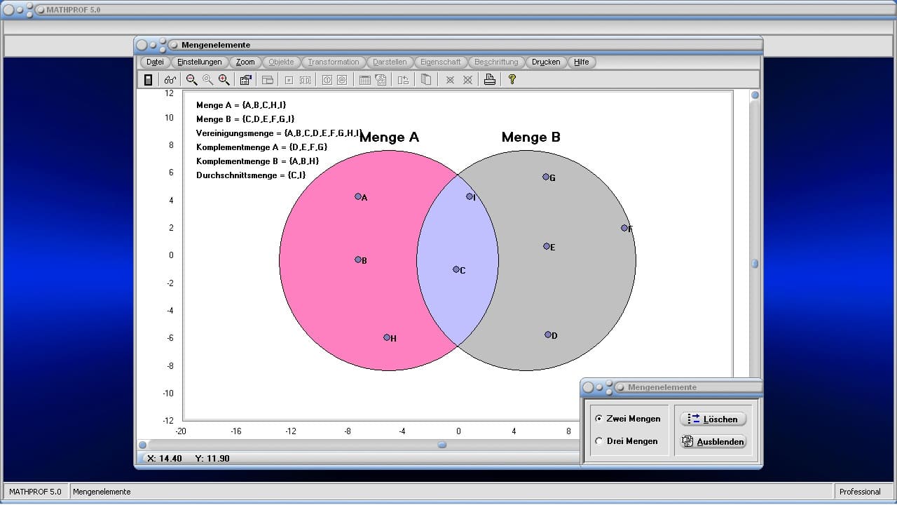 Mengenelemente - Bild 2 - Mengen - Mengenlehre - Mengenalgebra - Symmetrische Differenz - Teilmengen - Bestimmen - Bestimmung - Komplement - Komplementäre Menge - Inverse Menge - Durchschnittsmenge - Untermenge - Obermenge - Differenzmenge - Kartesisches Produkt - Produktmenge - Komplementärmenge - Komplement einer Menge - Rechner - Berechnen - Graph - Grafisch - Bild