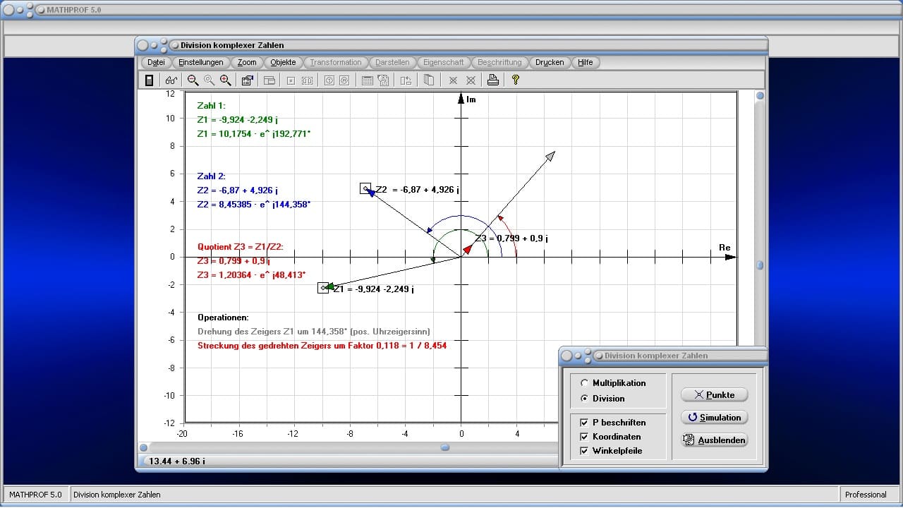 Division komplexer Zahlen - Zeigerdiagramm - Zeiger - Komplexe Zahlen dividieren - Imaginäre Zahlen dividieren - Komplexer Quotient - Bild - Darstellen - Plotten - Graph - Rechner - Berechnen - Grafik - Zeichnen - Plotter