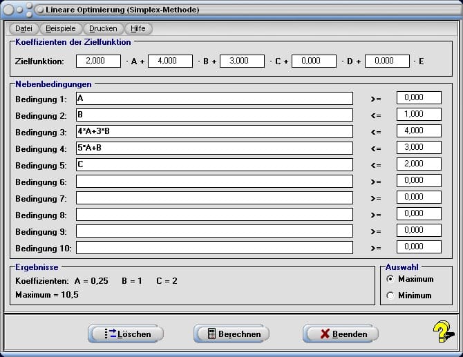 Simplex-Methode - Bild 1 - Simplex-Verfahren - Simplex-Algorithmus - Simplexverfahren - Simplexmethode - Programm - Maximierung - Wirtschaftsmathematik - Minimierung - Minimum - Maximum - Bedingungen - Koeffizienten - Rechner - Berechnen - Bestimmen 