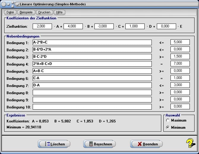 Simplex-Methode - Bild 2 - Simplex - Maximierungsaufgaben - Zielfunktion - Minimierungsproblem - Maximierungsproblem - Maximierungsfunktion - Gewinnmaximierung - Lösungen - Lineares Optimieren - Ungleichungen - Lineares Optimierungsmodell - Lösen - Lösung - Verfahren - Rechner - Berechnen - Bestimmen 