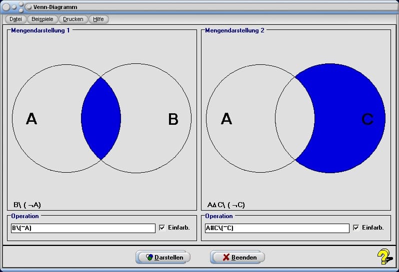 Venn-Diagramm - Bild 1 - Venn Diagramme - Venn diagram - Erstellen - Mengen - Mengendiagramm - Mengen und Operatoren - Mengenoperation - Schnittmenge - Elemente - Mathematik - Elemente einer Menge - Mengenlehre - Mengenalgebra - Mathematische Elemente - Mengenrechner - Darstellung von Mengen - Schnittmengen darstellen - Schnittmengen zeichnen - Schnittmengen berechnen - Teilmenge - Zeichnen - Darstellen - Graph - Plotten