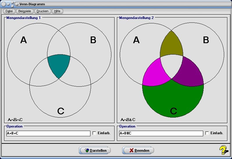 Venn-Diagramm - Bild 2 - Erstellen - Mengen - Mengendarstellung - Differenz - Mengenbildung - Zwei Mengen - Drei Mengen - Schreibweise - Berechnung - Beziehungen - Verknüpfung - Diagramm - Komplement - Operatoren - Multiplizieren - Addieren - Vereinigen - Zeichnen - Darstellen - Graph - Plotten