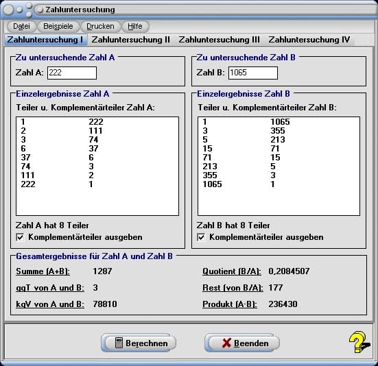 Zahluntersuchung - Bild 1 - Zahlen - Ganze Zahlen - Zahl - Zerlegung in Faktoren - Zerlegen - Zahlzerlegung - Echtteilersumme - Teiler - Ganzzahlig - Ganzzahlige Werte - Ganzzahlige Division - Teilbar - Ganzzahldivision - Ganzzahlig dividieren - Teilerzahl - Teilermengen - Teiler bestimmen - Teilermenge bestimmen - Produkt zweier Zahlen - ggT bestimmen - kgV bestimmen - ggT ermitteln - Rechner - Berechnen