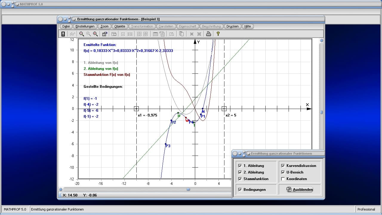 Ermittlung ganzrationaler Funktionen - Bild 1 - Ganzrationale Funktion - Ganzrationale Polynomfunktionen - Polynom - Polynomfunktion - 2. Grades - 3. Grades - 4. Grades - 5. Grades - Koeffizienten - Steckbriefaufgaben - Bestimmen - Bestimmung - Ermitteln - Ermittlung - Berechnen - Bedingungen - Ableitung - Funktionswert - Funktionsvorschrift - Funktionsbedingungen - Graphen - Zeichnen - Plotten - Rechner - Plotter - Graph - Grafik - Darstellung - Berechnung - Darstellen 