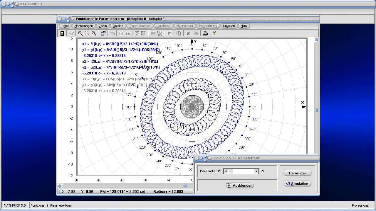 Parameterdarstellung von Funktionen - Bild 4 - Parameter - Funktionswerte - Parameterwerte - Plotten - Ableiten - Ableitung - Wertetabelle - Präsentation - Kurven plotten - Plot - Plotter - Rechner - Grafik - Zeichnen - Graph - Graphen - Ebene Kurven in Parameterdarstellung