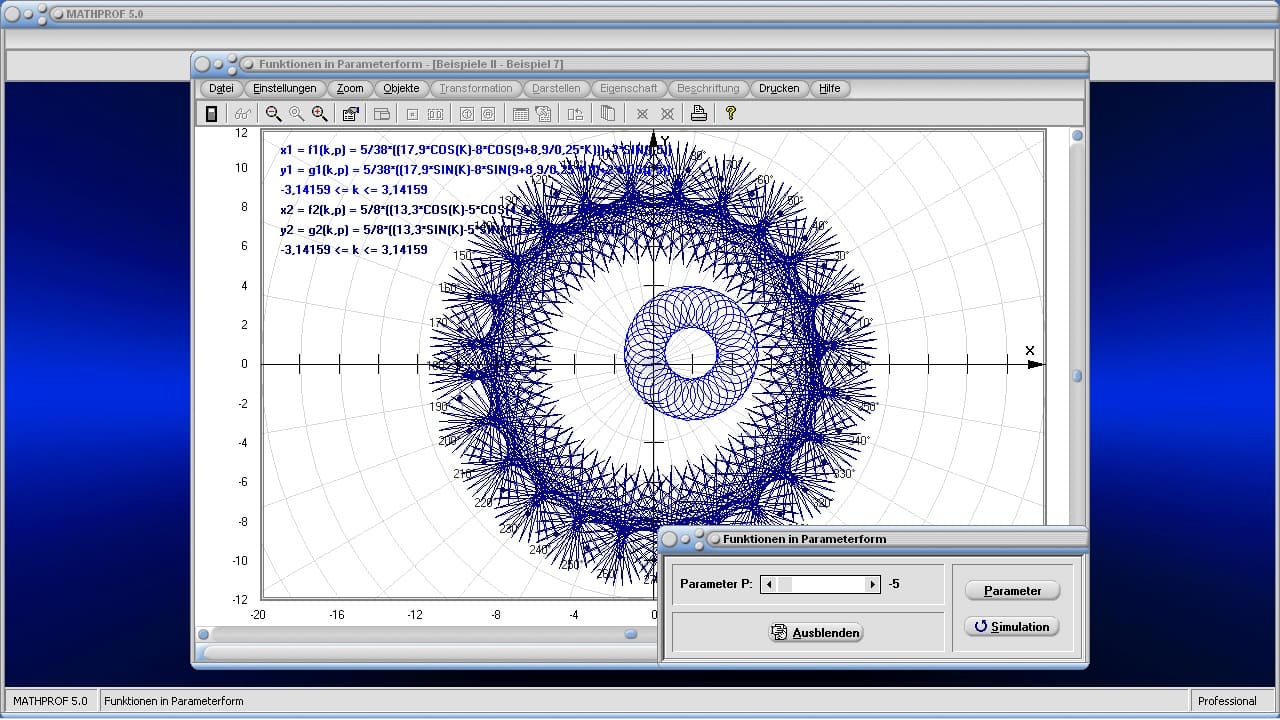 Parameterdarstellung von Funktionen - Bild 5 - Parametrisierte Gleichungen - Funktionen und Ableitungen in Parameterform ausgeben - Ebene Kurven in Parameterdarstellung - Parametrisierte Kurven plotten - 1. Ableitung von Funktionen in Parameterform - 2D-Plot - Parameterdarstellung - Parametrisierung von Kurven - Parametrische Kurve