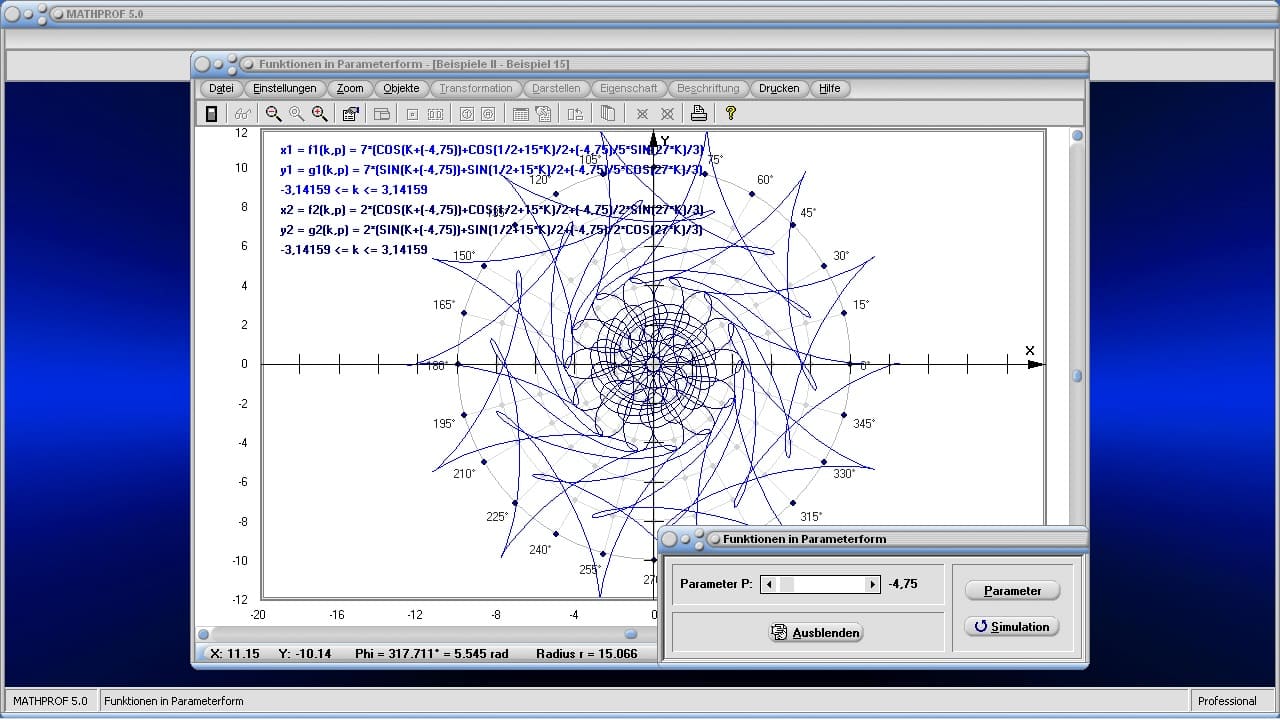 Parameterdarstellung von Funktionen - Bild 6 - Parameterkurven - Graphen darstellen - Ableitung - Punkte - Plotten - Abtasten - Parametrisierte Kurve - Plot - Plotter - Rechner - Beispiel - Grafik - Graph - Graphen