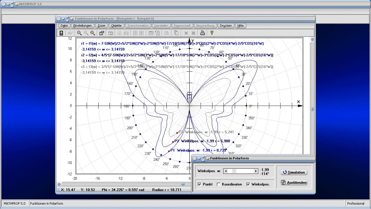 Darstellung von Funktionen in Polarkoordinaten - Bild 3 - Polarkoordinaten - Schmetterlingskurve - Funktion - Funktionswerte von Kurven in Polarform - Funktionen zeichnen in Polarkoordinaten- 2D Plotter - Funktionen - Ableitungen - Polarform - Darstellen - Polare Koordinaten - Kurvengleichung in Polarform