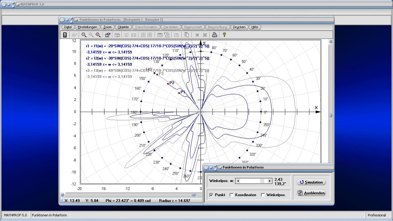 Darstellung von Funktionen in Polarkoordinaten - Bild 4 - Polarform - Funktion - Funktionsgraph - Darstellung von Kurven in Polarform - Kreiskoordinaten - Kartesische Koordinaten - 2D-Plot - Kurven - Kreiskoordinatensystem - Ableitung - Kreiskoordinaten - Plotter - Rechner - Graph - Darstellen - Zeichnen