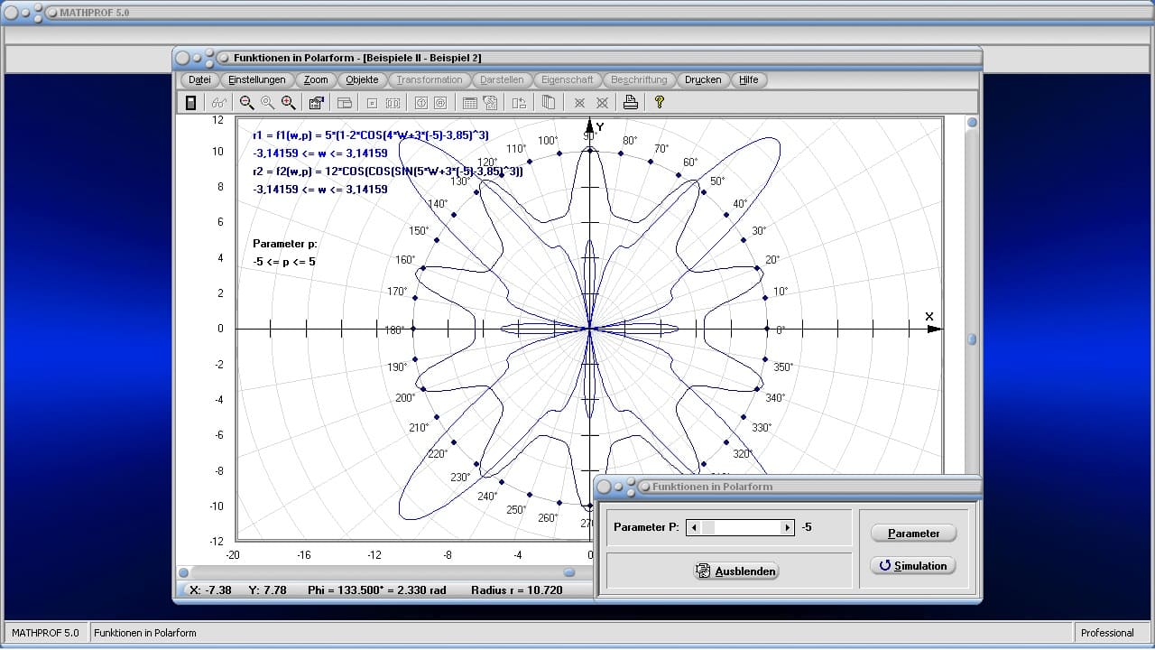 Darstellung von Funktionen in Polarkoordinaten - Bild 6 - Polar - Kurven - Funktionen - Ableiten - Ableitung - Graph - Plotter - Darstellen - Polargraph - Plotter - Polare Kurve - Polarwinkel - Polar plot - Rechner - Graph - Darstellen - Zeichnen