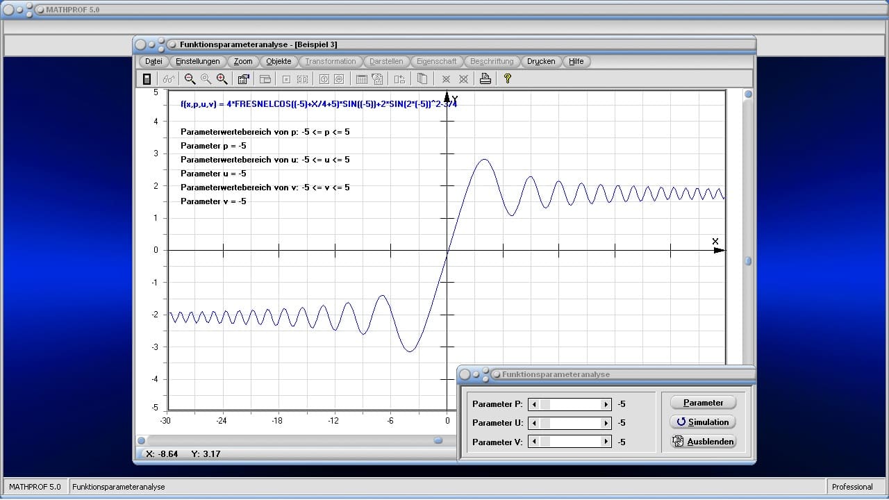 Analyse von Funktionsparametern - Bild 1 - Parameter - Funktion - Funktionsparameter - Parametrisierung - Analyse - Funktionsanalyse - Parameteraufgaben - Parameterwert - Parameter einer Funktion - Kurven parametrisieren - Plot - Plotter - Grafik - Zeichnen - Graph - Graphen