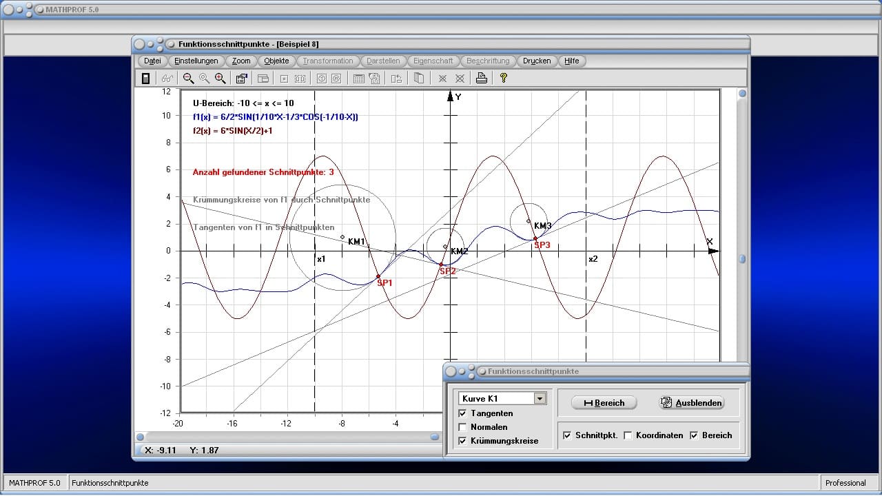 Schnittpunkte von Funktionen - Bild 3 - Zeichnen - Bilder - Punkte - Bestimmen - Lösungen - Berechnen - Tabelle - Darstellung - Berechnung - Darstellen - Gleichung - Kurven - Grafische Darstellung - Krümmung - Krümmungskreis - Krümmungsradius - Krümmungsmittelpunkt - Rechner