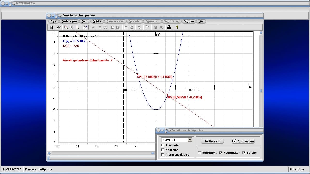 Schnittpunkte von Funktionen - Bild 2 - Schnittpunkte zweier Graphen - Kurven - Funktiinen - Tangente - Normale - Schnittpunkt - Graphen - Zeichnen - Plotten - Rechner - Plotter - Graph - Grafik - Bilder - Beispiele - Darstellung - Berechnung - Darstellen