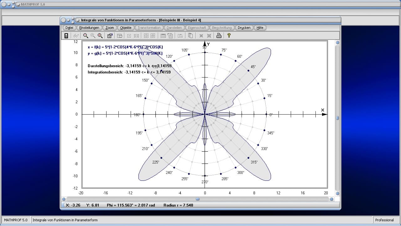 Integralrechnung - Bild 4 - Integral - Polar - Polarkoordinaten - Polarform - Polardarstellung - Fläche - Integrationsgrenze - Bereich - Intervall - Schwerpunkt  - Bogen - Orientierter Flächeninhalt - Integralberechnung - Integralgrenze - Integrieren - Graph - Plotten - Grafisch - Bild - Grafik - Bilder - Darstellung - Berechnung - Rechner - Darstellen