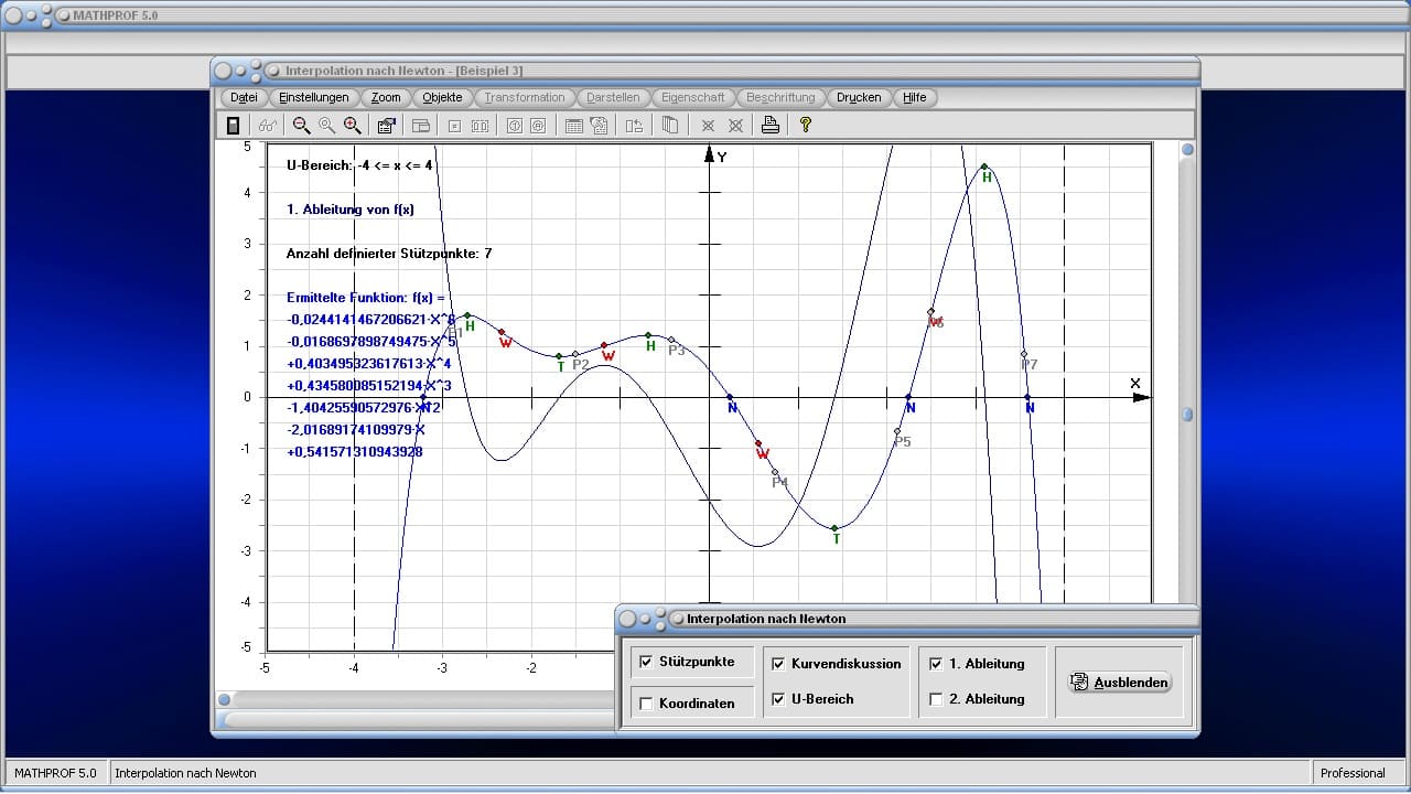 Interpolation nach Newton und Lagrange - Bild 2 - Interpolation - Ganzrationale Funktionen - Lineare Interpolation  - Lagrange Interpolation - Newton Interpolation - Näherungsfunktion - Näherungsverfahren - Interpolationspolynom - Funktionsinterpolation - Polynomiale Interpolation - Newton - Näherungspolynom - Näherungsparabel - Punkte - Stützstellen - Koeffizienten - Ableitung - Plotten - Rechner - Plotter - Graph - Grafik - Darstellung