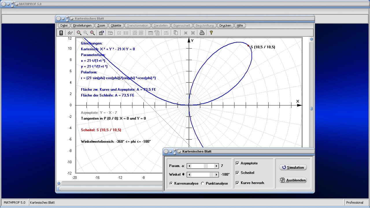 Kartesisches Blatt - Bild 1- Algebraische Kurven - Fläche - Schleife - Asymptote - Tangente - Krümmung - Graph - Plotten - Grafisch - Bilder - Darstellung - Berechnen - Berechnung - Darstellen