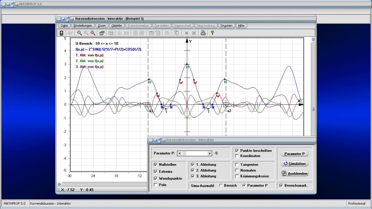 Kurvendiskussion - Bild 5 - Funktion - Differential - Polstellen bestimmen - Extremwertberechnung - Nullstellensuche - Krümmungsverhalten - Extremwertbedingungen - Extremwertbestimmung - Extrema - Extremwerte - Extremstellen - Lokales Extremum - Wendetangente - Wendenormale - Bestimmen - Berechnen - Graph - Plotten - Grafisch - Bild - Grafik - Bilder - Darstellung - Berechnung - Rechner - Darstellen