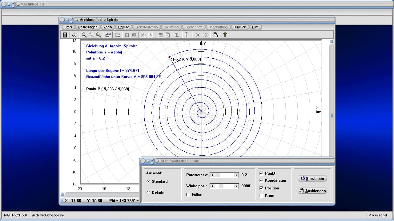 Archimedische Spirale - Bild 1 -  Darstellung - Krümmung - Sektorfläche - Bogenlänge - Funktion in Polarkoordinaten - Plot - Spirale - Mathematik - Parameterdarstellung - Parameter - Graph - Formel - Eigenschaften - Länge - Fläche - Zeichnen - Gleichung - Plotten - Grafisch - Bilder - Darstellung - Berechnen - Berechnung - Darstellen