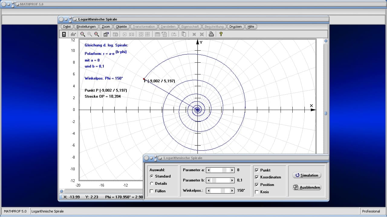 Logarithmische Spirale - Bild 1 - Spiralen - Zeichnen - Berechnen - Länge - Bogenlänge - Parameter - Flächeninhalt - Graph - Plotten - Grafisch - Eigenschaften - Bilder - Darstellung - Formel - Fläche - Bahnkurve - Polarkoordinaten - Gleichung - Winkel - Berechnung - Rechner - Beispiel - Grafik - Zeichnen - Darstellen