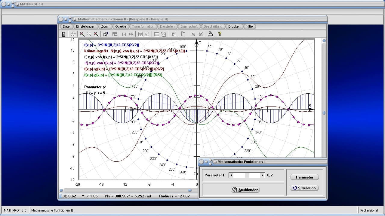 Mathematische Funktionen II - Bild 2 - Funktion - Verknüpfen - Verketten - Umkehrfunktion - Evolute - Funktionsgraph - Summe - Differenz - Produkt - Quotient - Funktionsverkettung - Funktionsverknüpfung - Darstellen - Plotten - Graph - Grafik - Zeichnen - Plotter - Funktionsdarstellung - Funktionsrechner - Funktionszeichner