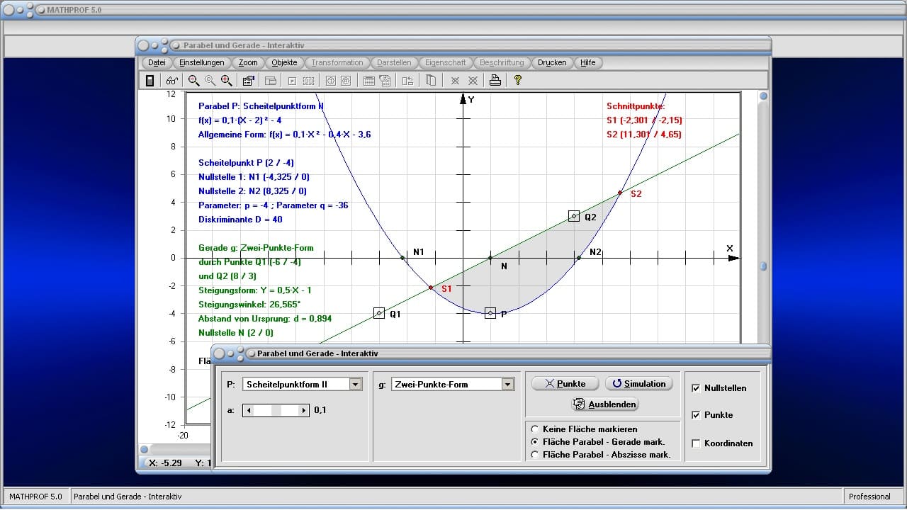 Parabel und Gerade - Bild 1 - Quadratische Funktion - Gerade - Geradengleichung - Lineare Funktion - Parabelsegment - Fläche - Berechnen - Darstellen - Rechner - Beispiel - Plotter - Grafik - Plotten - Zeichnen - Graph - Schnittpunkt - Berührpunkt