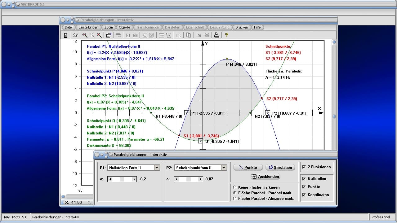 Parabelgleichungen - Bild 2 - Parabel - Schnittpunkte - Quadratische Gleichung - Parabelgleichung - Parabelfunktion - Allgemeine Form - Quadratfunktionen - Produktform - Nullstellen - Faktorisierung - Fläche - Graphen - Zeichnen - Plotten - Rechner - Plotter - Graph - Grafik - Darstellung - Berechnung - Darstellen