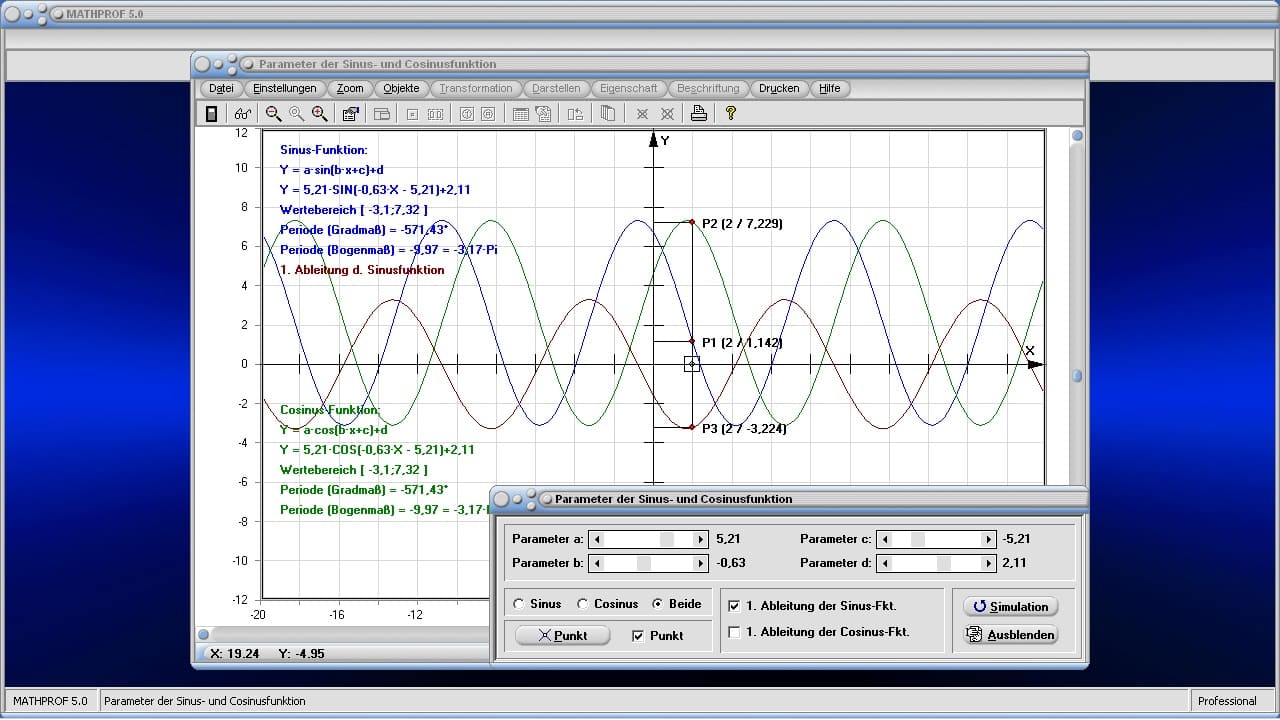 Parameter der Sinusfunktion und der Cosinusfunktion - Bild 2 - Sinus - Cosinus - Funktion - Periodische Abläufe - Periodische Vorgänge - Phasenverschiebung - Phasendifferenz - Sinusgraph - Cosinusgraph - Sinusfunktionen verschieben - Eigenschaften - Stauchung - Amplitude - Periodenlänge - Zeichnen - Plotten - Rechner - Plotter - Graph - Grafik