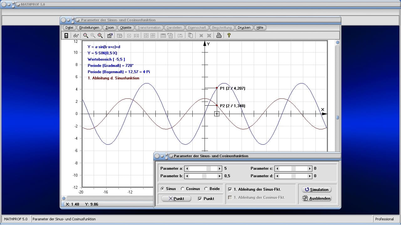 Parameter der Sinusfunktion und der Cosinusfunktion - Bild 1 - Winkelfunktionen - Ableitung - Phase - Parameter -Trigonometrische Funktionen - Nullstellen - Amplitude - Verschiebung - Periode - Graphen - Zeichnen - Schaubild - Plotten - Rechner - Plotter - Graph - Grafik - Beispiele - Darstellung - Berechnung - Darstellen