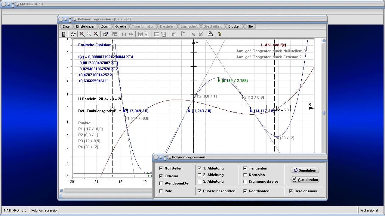 Polynominterpolation - Bild 2 - Interpolation - Polynomfunktion - Polynomapproximation - Stützstellen - Näherungspolynom - Polynomiale Interpolation - Ganzrationale Polynome - Hochpunkte - Tiefpunkte - Wendepunte - Graph - Plotten - Grafisch - Grafik - Darstellung - Berechnung - Rechner - Darstellen - Nullstellen