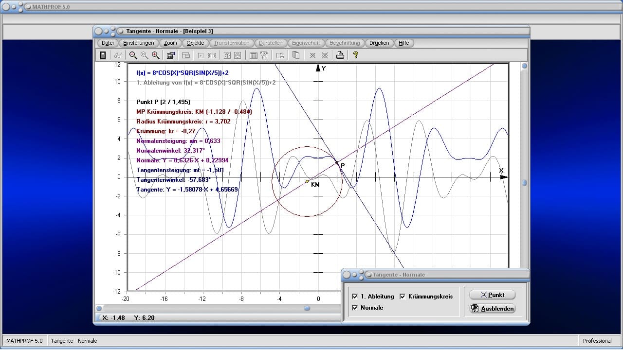 Tangente-Normale - Bild 1 - Tangentenverfahren - Tangentengleichung - Tangentenproblem - Tangentensteigung - Krümmung - Kurve - Krümmungskreis - Steigungswinkel - 1. Ableitung - Bestimmung - Normalengleichung - Steigung - Anstieg - Funktion - Graph - Plotten - Grafisch - Bild - Grafik - Bilder - Darstellung - Berechnung - Rechner - Darstellen