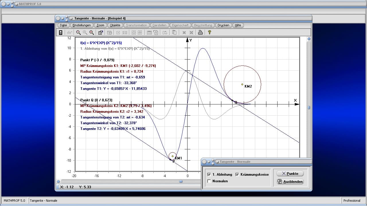 Tangente-Normale - Bild 3 - Anstiegswinkel - Winkel - Kurvennormale - Kurventangente - Tangente in einem Punkt - Bestimmen - Lot zur Tangente - Orthogonale -Tangentenverfahren - Ableitung - Graph - Plotten - Grafisch - Bild - Grafik - Bilder - Darstellung - Berechnung - Rechner - Darstellen