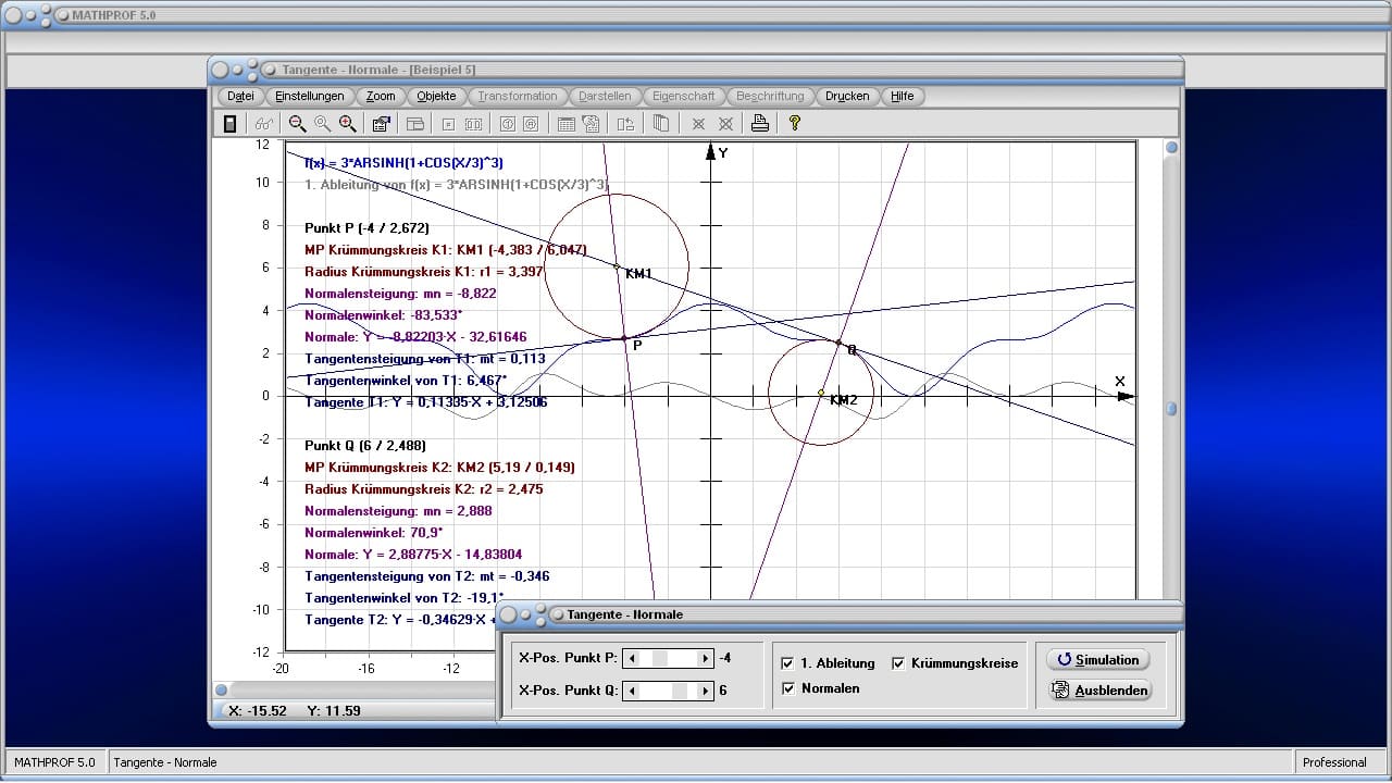 Tangente-Normale - Bild 2 - Tangente berechnen - Bestimmen - Tangentensteigung - Steigungswinkel - Steigungsberechnung - Steigung in einem Punkt - Steigungswinkel - Funktion - Gleichung - Tangentenverfahren - Numerisch ableiten - Numerisch differenzieren - Graph - Plotten - Grafisch - Bild - Grafik - Darstellung - Berechnung - Rechner - Darstellen