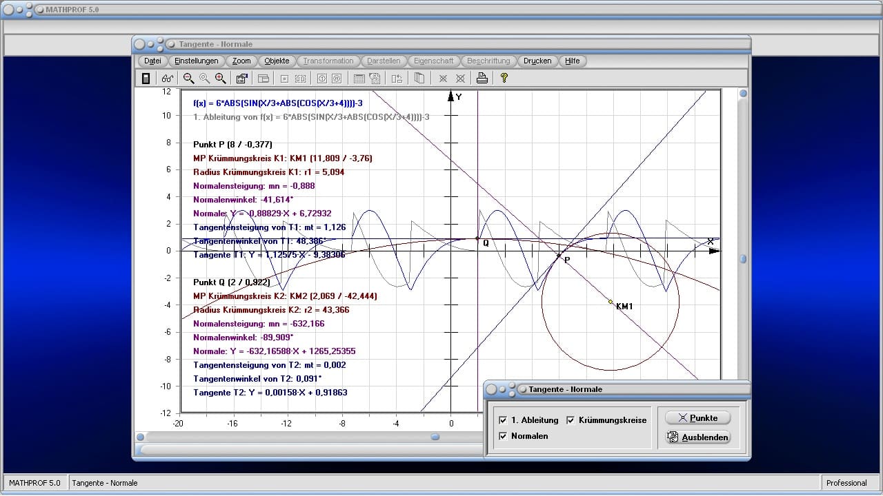 Tangente-Normale - Bild 4 - Steigung - Punkt - Steigungswinkel - Krümmung - Kreis - Tangente - Funktion - Tangentenverfahren - Numerisch ableiten - Steigung einer Funktion - Normalengleichung - Steigungswinkel - Ableitung - Graph - Plotten - Grafisch - Bild - Grafik - Bilder - Darstellung - Berechnung - Rechner - Darstellen