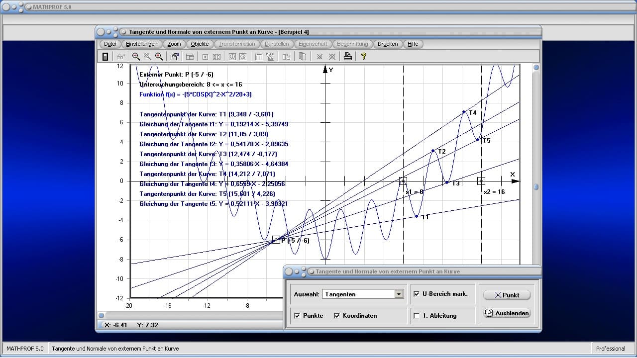 Tangente und Normale von externem Punkt - Bild 1 - Tangente - Punkt - Extern - Außerhalb - Kurve - Normale - Kurvenpunkt - Differentialgeometrie - Tangente von außen - Kurvenpunkt - Externer Punkt  - Graph - Plotten - Grafisch - Bild - Grafik - Bilder - Darstellung - Berechnung - Rechner - Darstellen