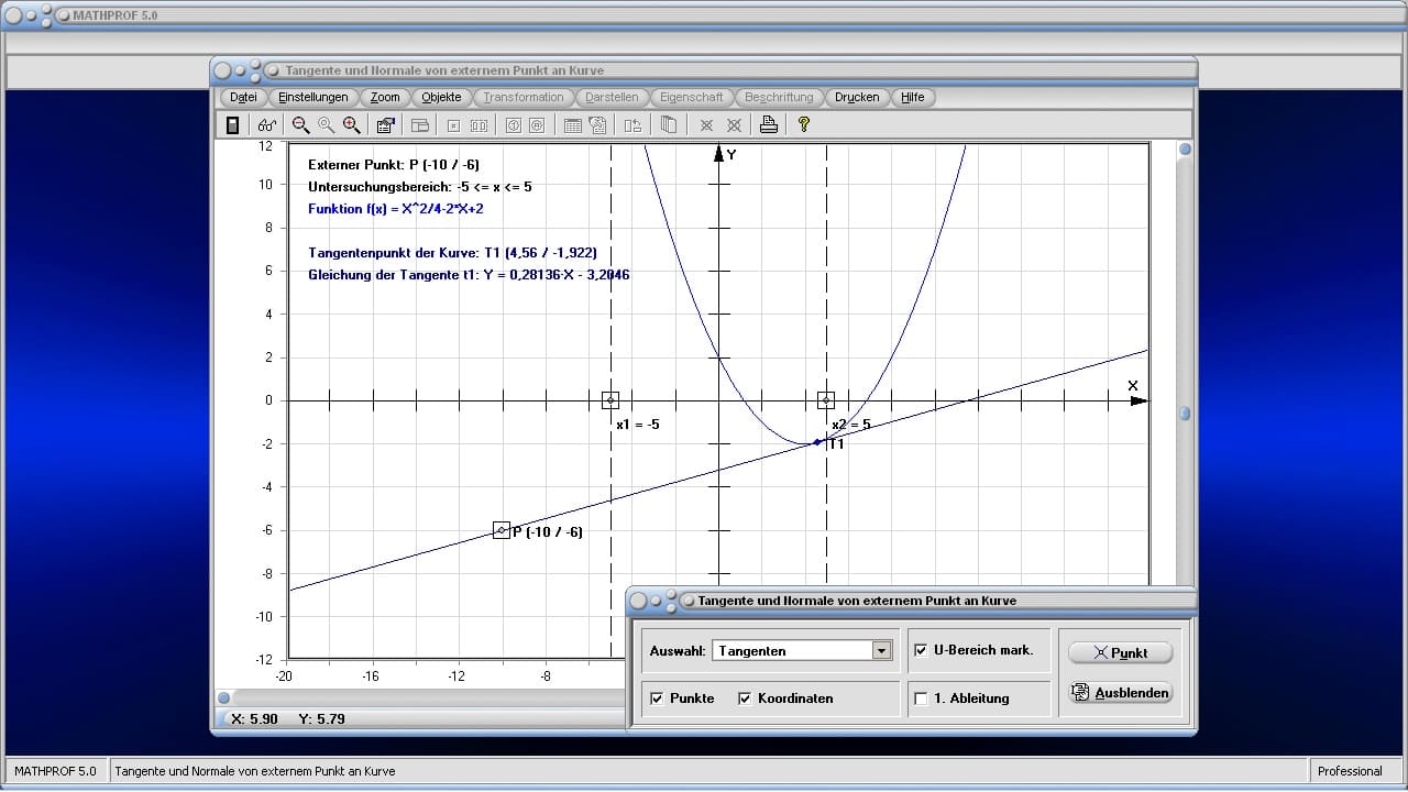 Tangente und Normale von externem Punkt - Bild 2 - Tangentenpunkt - Normale - Punkt - Extern - Außerhalb - Ermitteln - Ermittlung - Bestimmen - Bestimmung - Berechnen - Grafik - Rechner - Plotter - Graph - Zeichnen - Bilder - Darstellung - Berechnung - Darstellen