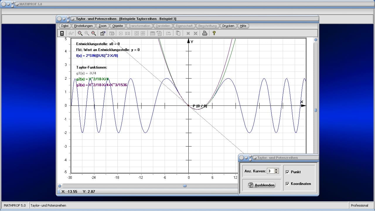 Taylor-Reihen und Potenzreihen - Bild 1 - Taylorreihenentwicklung - Potenzreihenentwicklung - Taylorsche Reihe - Taylorpolynome - Näherungspolynom - Taylor-Approximation - Taylor series - Taylorentwickung - Taylor-Polynom - Graph - Formel - Eigenschaften - Zeichnen - Gleichung - Plotten - Grafisch - Darstellung - Berechnen - Berechnung - Darstellen 