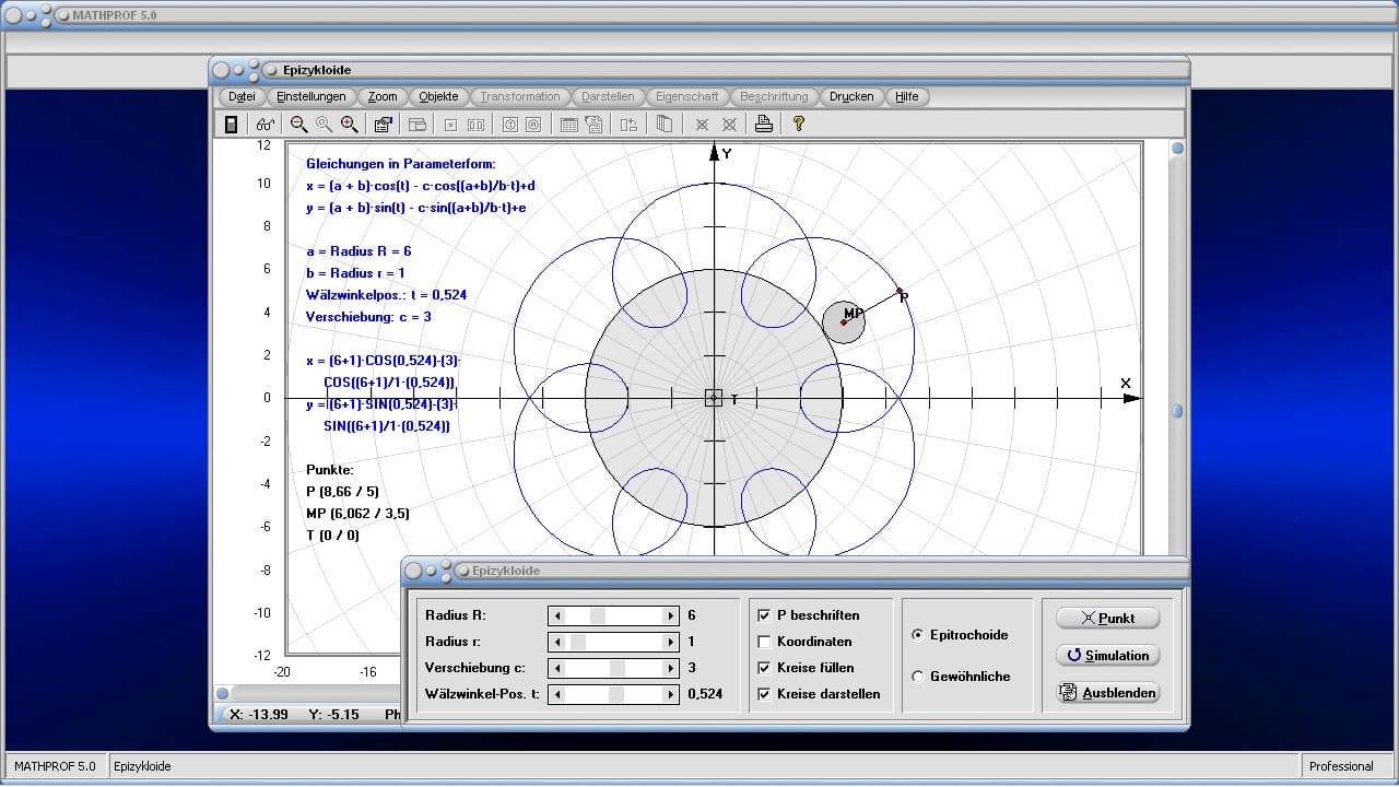Zykloide - Epizykloide - Hypozykloide - Bild 4 - Rollkurven - Parameter - Plotter - Gleichung - Funktion - Animation - Winkel - Kreis - Radius - Koordinaten - Graph - Plotten - Grafisch - Bilder - Eigenschaften - Darstellung - Berechnen - Berechnung - Rechner - Beispiel - Grafik - Zeichnen 