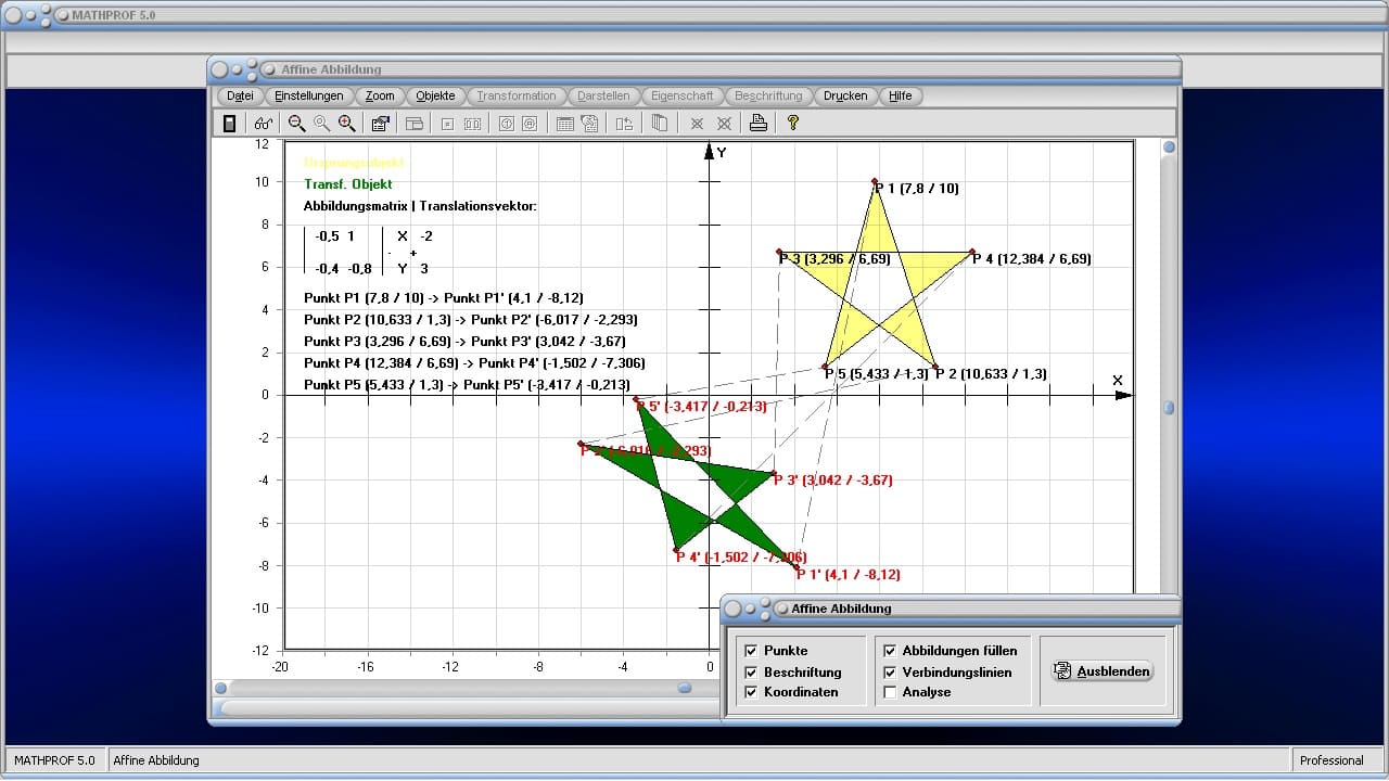 Affine Abbildung - Bild 1 - Lineare Abbildung - Lineare Algebra - Koordinatentransformation - Affine Operation - Matrix - Abbildungsmatrix - Spiegelungsmatrix - Translationsmatrix - Transformationsmatrix - Projektionsmatrix - Drehmatrizen - Scherungsmatrix - Darstellen - Plotten - Graph - Rechner - Berechnen - Grafik - Zeichnen - Plotter