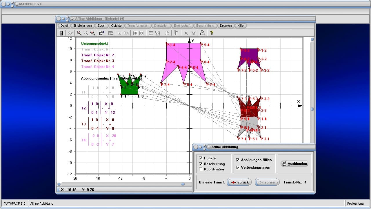 Affine Abbildung - Bild 2  Abbildungsmatrizen - Verschiebungsvektor - Vektor - Drehmatrix - Drehungsmatrix  - Affine Abbildungen - Achsenspiegelung - Verschiebung - Figuren - Darstellen - Plotten - Graph - Rechner - Berechnen - Grafisch - Zeichnen - Plotter