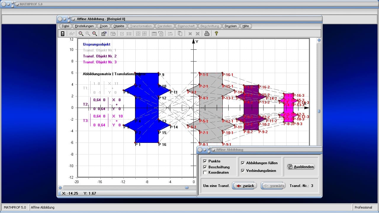 Affine Abbildung - Bild 3 - Affine Transformation - Bildgerade - Ursprungsgerade - Fixpunkt - Fixgerade - Fixpunktgerade - Fixelement - Lineare Abbildung - Darstellen - Plotten - Graph - Rechner - Berechnen - Grafik - Zeichnen - Plotter