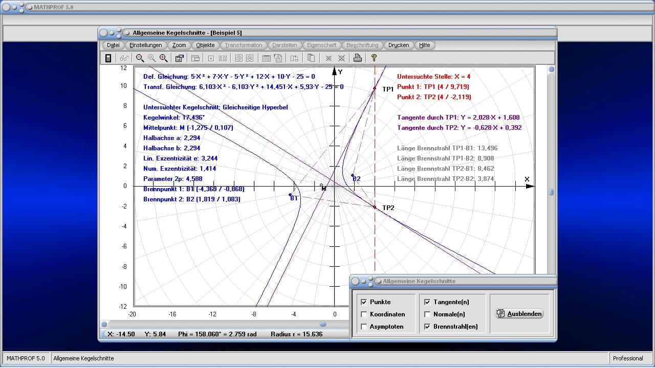 Allgemeine Kegelschnitte - Bild 2 - Kegelschnitt - Hauptachsentranformation - Kegelwinkel - Hyperbel - Brennpunkt - Exzentrizität - Funktion - Zeichnen - Tangente - Brennpunkt - Brennstrahl - Koeffizienten - Scheitelpunkt - Kegelschnittgleichung - Darstellen - Plotten - Graph - Rechner - Berechnen - Grafik - Zeichnen - Plotter