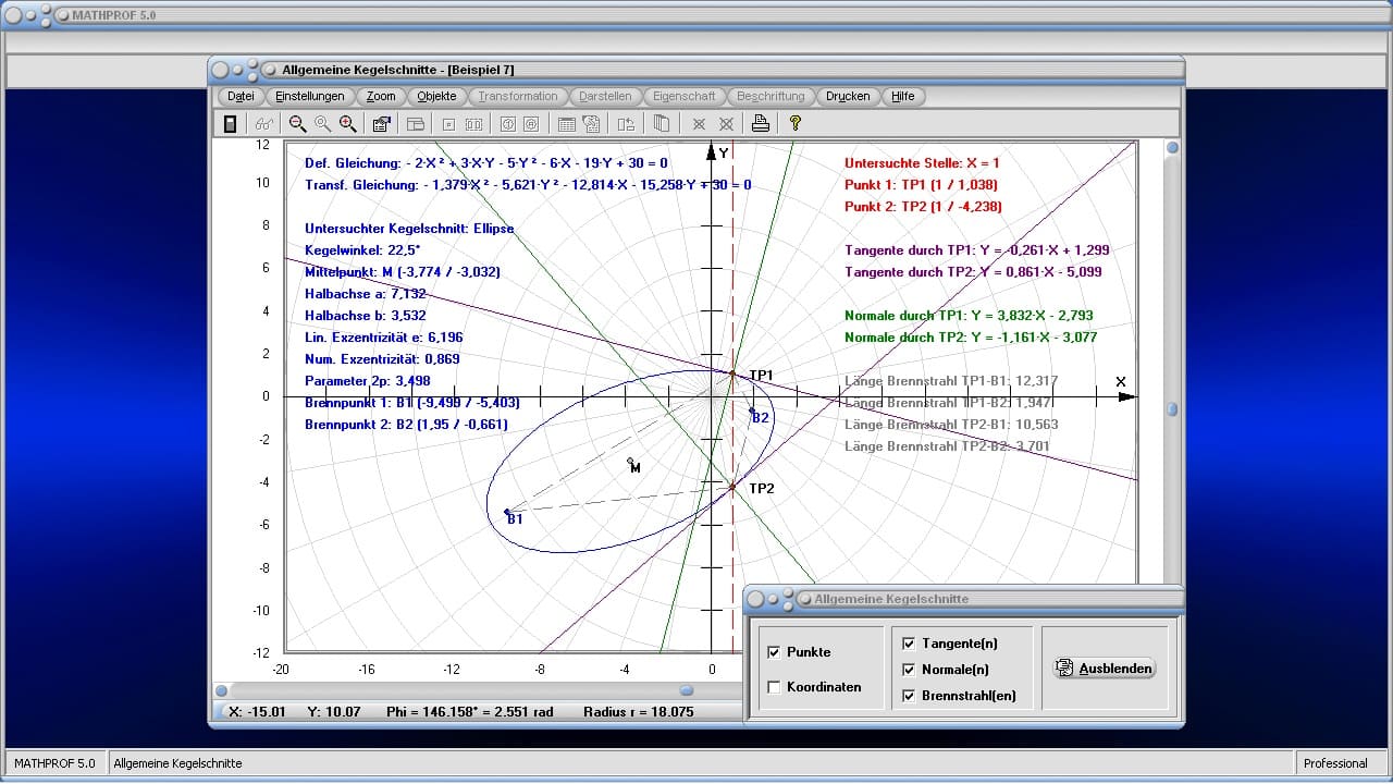 Allgemeine Kegelschnitte - Bild 1 - Kurven 2. Ordnung - Allgemeiner Kegelschnitt - Quadrik - Gleichung - Allgemeine Gleichung - Hauptachse - Hauptachsentransformation - Kegelschnittgleichungen - Allgemeine Ellipsengleichung - Algebraische Gleichungen - Entartete Kegelschnitte - Darstellen - Plotten - Graph - Rechner - Berechnen - Grafik - Zeichnen - Plotter