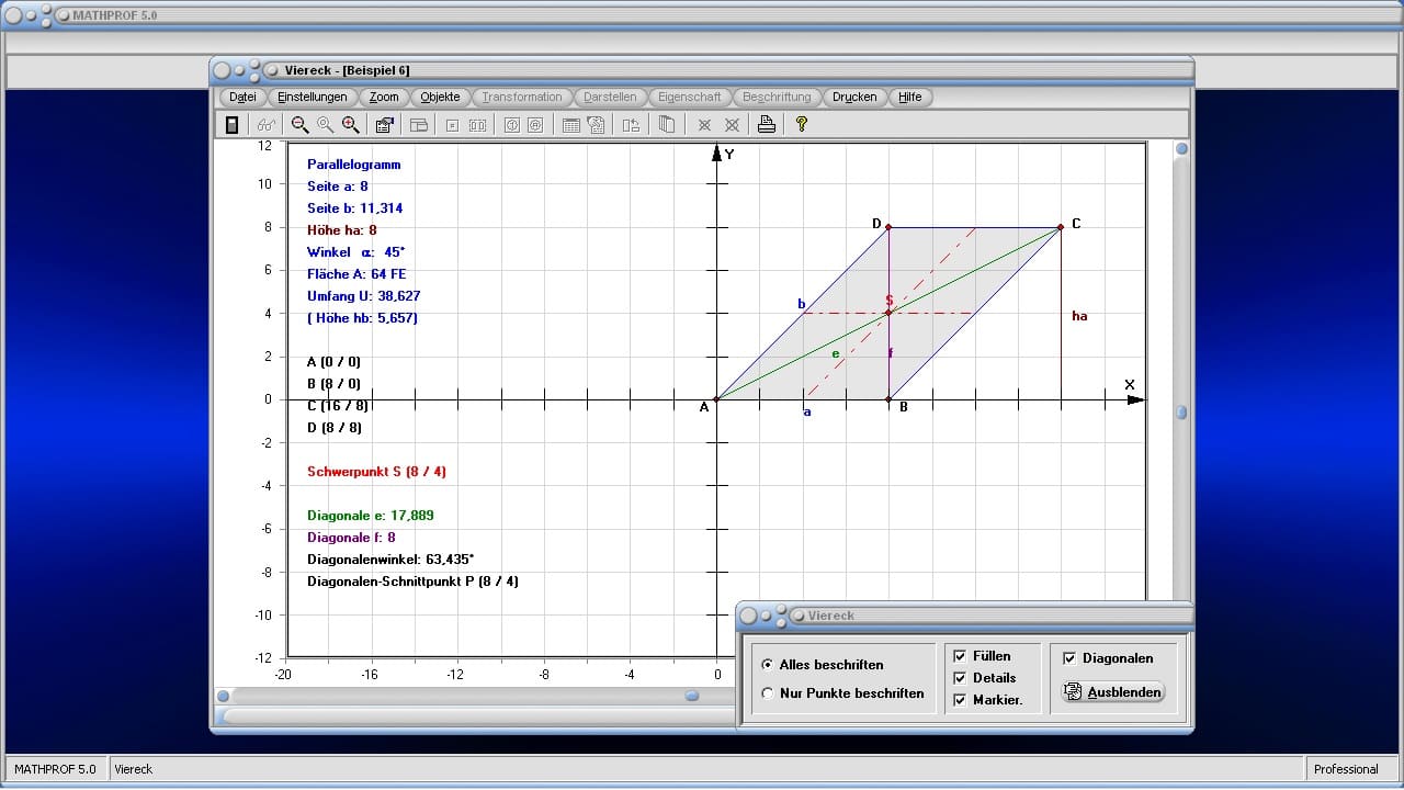 Viereck - Parallelogramm - Rechner - Formeln - Mittelpunkt - Höhe - Fläche - Seiten - Diagonalen - Diagonalenlänge - Diagonalenschnittpunkt - Schwerpunkt - Flächeninhalt - Eigenschaften - Bild - Darstellen - Plotten - Graph - Grafik - Zeichnen - Plotter - Formeln