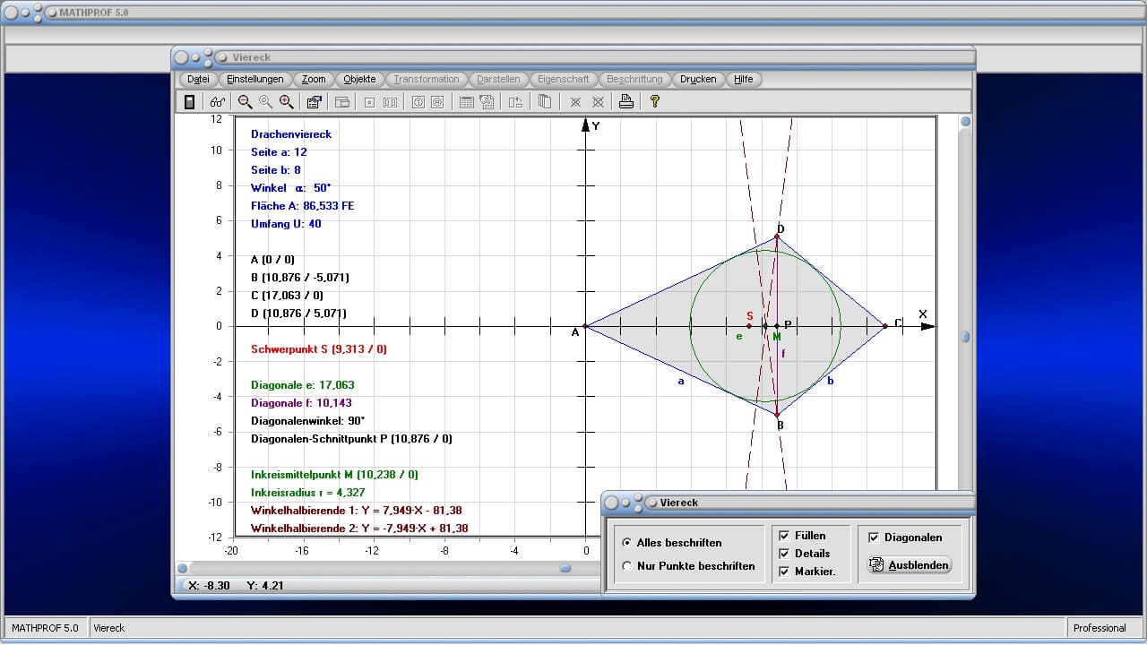 Viereck - Drachenviereck - Formeln - Mittelpunkt - Höhe - Fläche - Seiten - Diagonalen - Diagonalenlänge - Diagonalenschnittpunkt - Schwerpunkt - Flächeninhalt - Eigenschaften - Bild - Plotten - Graph - Rechner - Zeichnen - Plotter - Darstellen - Berechnen - Formeln