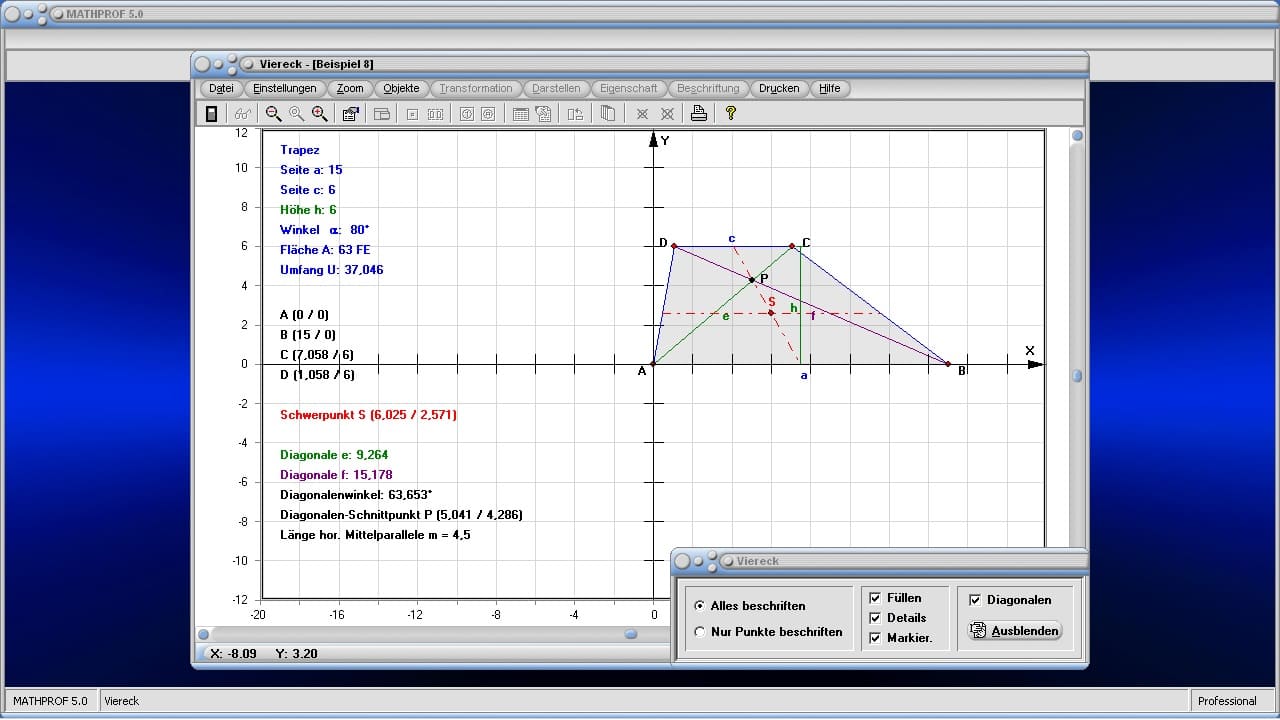 Viereck - Trapez - Rechner - Formeln - Mittelpunkt - Höhe - Fläche - Seiten - Diagonalen - Diagonalenlänge - Diagonalenschnittpunkt - Schwerpunkt - Flächeninhalt - Eigenschaften - Bild - Darstellen - Plotten - Graph - Rechner - Berechnen - Grafisch - Zeichnen - Plotter - Formeln