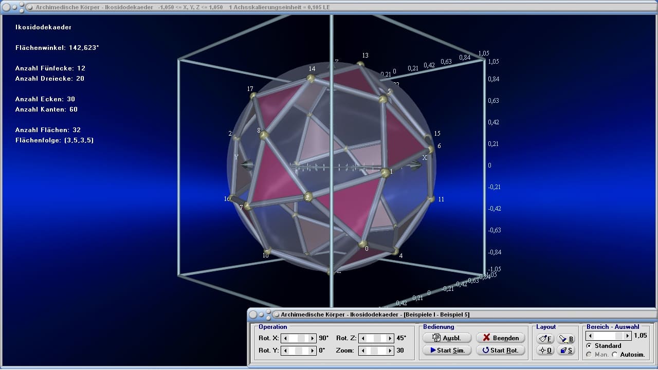 Archimedische Körper - Bild 1 - Ikosidodekaeder - Vielflächner - Körper - Archimedes - 3D-Rotation - Dreidimensionale Körper - Zeichnen - Konvexe Polyeder - Halbreguläre Polyeder - Semireguläre Polyeder - Volumen - Flächen - Punkte - Kantenmodell - Inkugel - Umkugel - Darstellen - Plotten - Graph - Rechner - Berechnen - Grafisch - Plotter