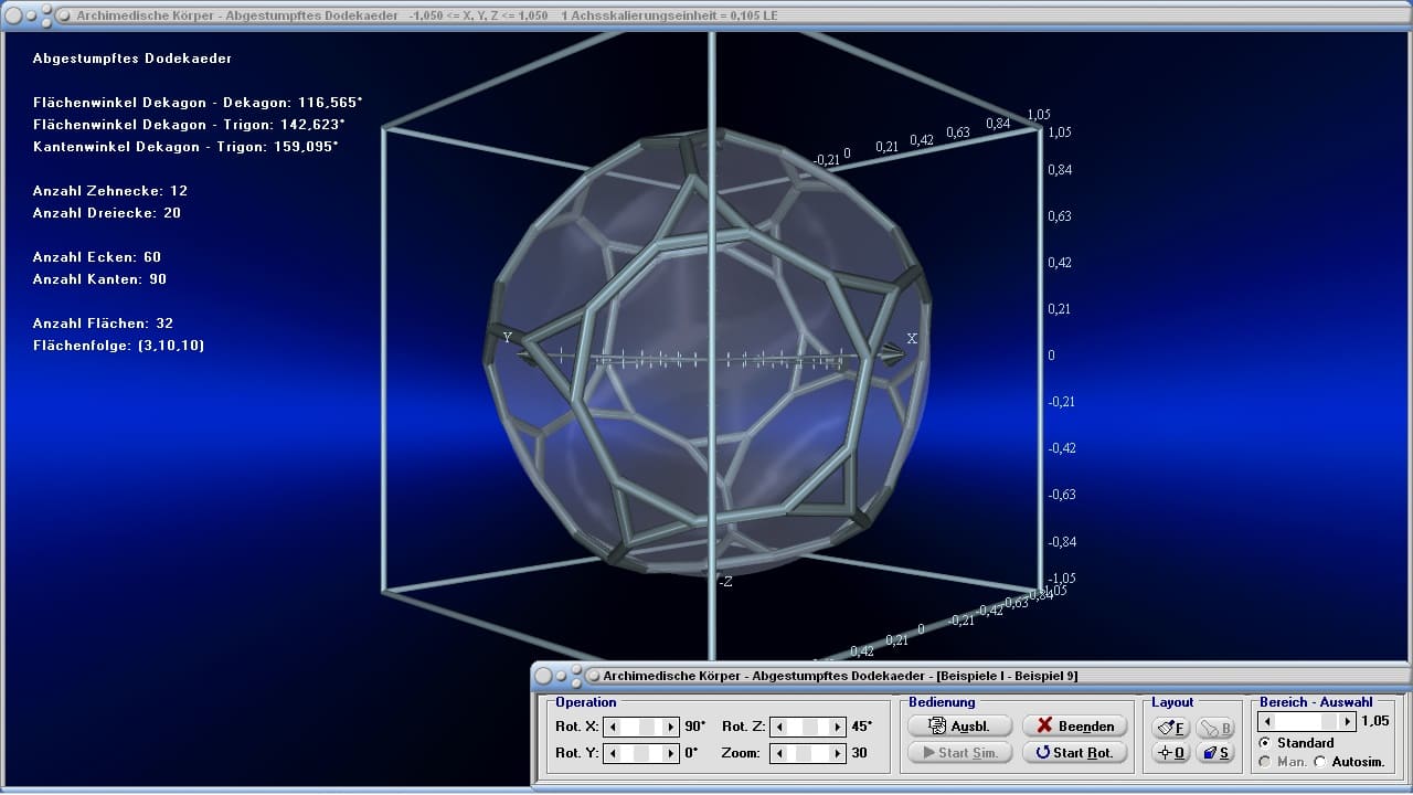 Archimedische Körper - Bild 2 - Abgestumpftes Dodekaeder - Vielflächner - 3D-Rotation - Dreidimensionale Körper - Zeichnen - Konvexe Polyeder - Halbreguläre Polyeder - Semireguläre Polyeder - Volumen - Flächen - Punkte - Kantenmodell - Inkugel - Umkugel - Darstellen - Plotten - Graph - Rechner - Berechnen - Grafik - Plotter