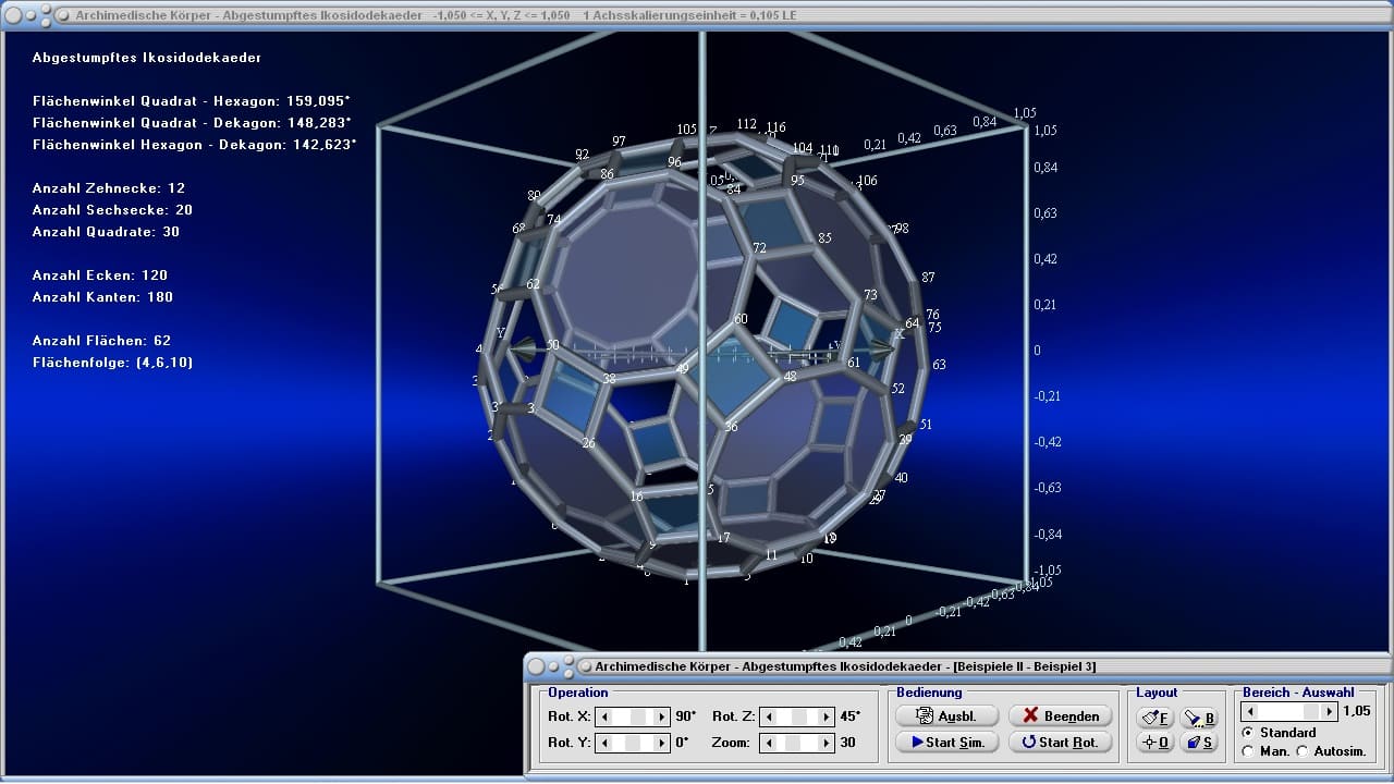 Archimedische Körper - Bild 4 - Abgestumpftes Ikosidodekaeder - Vielflächner - 3D-Rotation - Dreidimensionale Körper - Zeichnen - Konvexe Polyeder - Halbreguläre Polyeder - Semireguläre Polyeder - Volumen - Flächen - Punkte - Kantenmodell - Inkugel - Umkugel - Darstellen - Plotten - Graph - Rechner - Berechnen - Grafik - Plotter
