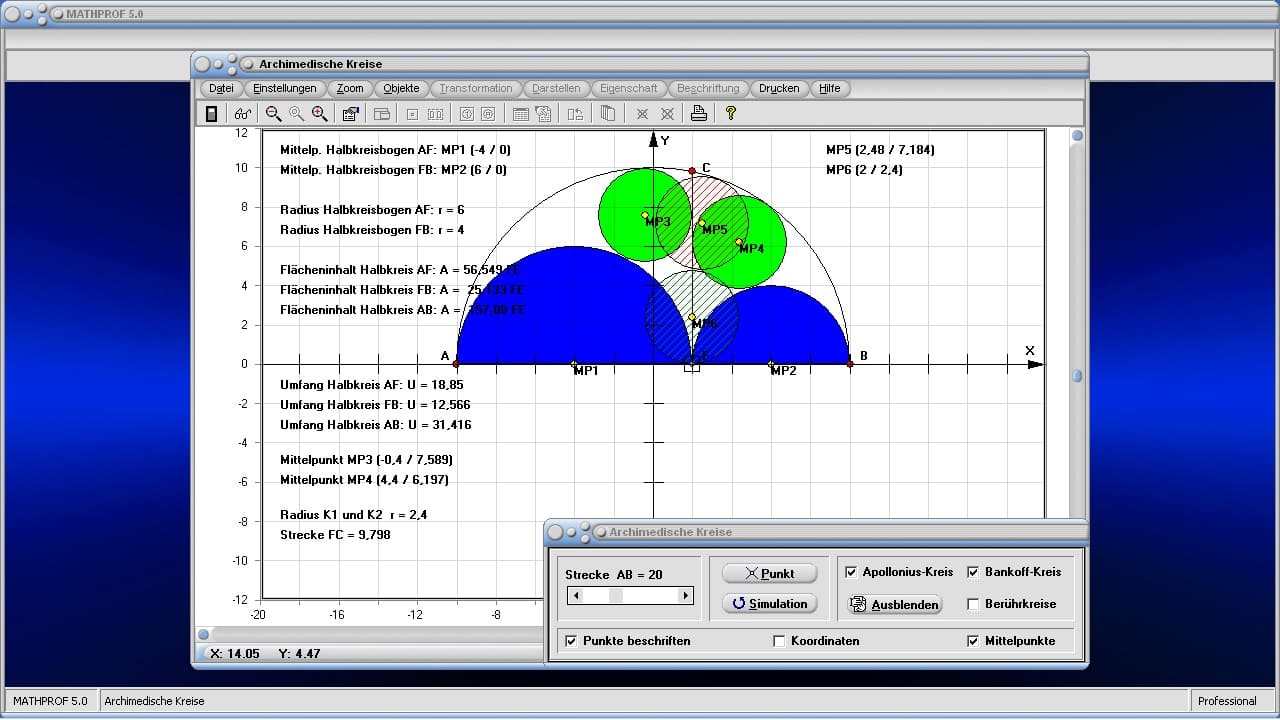 Archimedische Kreise - Bild 1 - Zwillingskreise des Archimedes - Kreise im Kreis - Halbkreis - Apollonius-Kreis - Halbkreisbogen - Bankoffkreis - Tangierende Kreise - Berührende Kreise - Flächeninhalt - Darstellen - Plotten - Graph - Rechner - Berechnen - Zeichnen - Plotter - Formeln