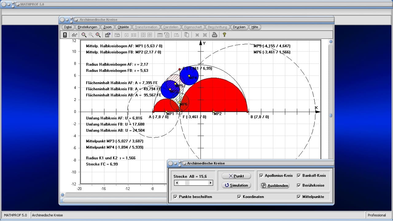 Archimedische Kreise - Bild 2 - Zwillingskreise des Archimedes - Kreise im Kreis - Halbkreis - Apollonius-Kreis - Halbkreisbogen - Bankoffkreis - Tangierende Kreise - Berührende Kreise - Flächeninhalt - Darstellen - Plotten - Graph - Rechner - Berechnen - Zeichnen - Formeln